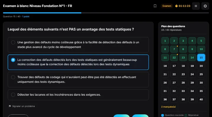 Un examen blanc en cours, avec le chronomètre et le plan des questions.